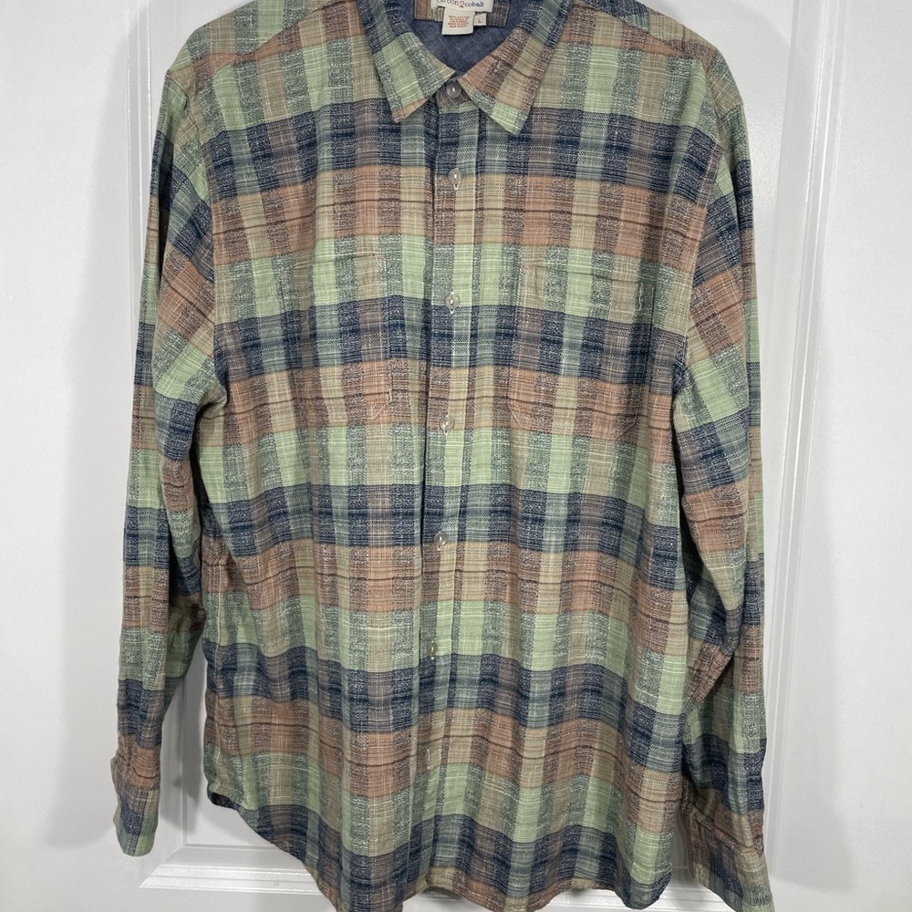 Carbon2Cobalt Men's Casual Plaid Shirt - Green, Blue, and Brown Sz Large CB-109 - Picture 3 of 9